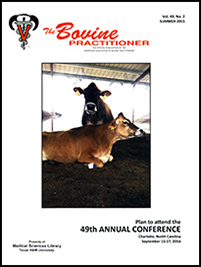 Cover image of Volume 49, No. 2 of the Bovine Practitioner: a photo of two Jersey cattle relaxing in the shade of a barn. One is lying down parallel to the photographer and the other is standing and gazing at the photographer with its lower teeth sticking out.