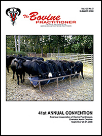 Cover image of Volume 42, No. 2 of the Bovine Practitioner: a photo of a herd of black and white cattle in a pen, eating from a feeder at midday