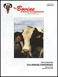 Cover image of Volume 51, No. 2 of the Bovine Practitioner: a close-up photo of a Holstein cow with a white blaze from its poll to muzzle. The cow has an orange ear tag and dappled black spots on its muzzle.