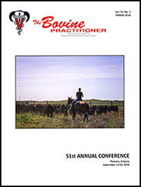Cover image of Volume 52, No. 1 of the Bovine Practitioner: a photo of a person on horseback herding cows and their calves. Image courtesy of Kerstin Mitchell, Western Images, Syracuse, KS
