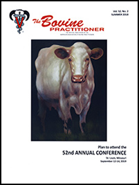 Cover image of Volume 52, No. 2 of the Bovine Practitioner: a vintage painting of a white cow gazing at the viewer that fades at the edges into the black background. Image courtesy of the Vintage Barn Market in Blissfield, Michigan.