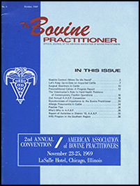 Cover image of the Fourth Volume of Bovine Practitioner: the background is royal blue along the spine, light blue on the rest of the cover, the journal title at the top of the page, the table of contents in the center, and conference information in a royal blue box center bottom. The logo of the AABP is printed in white in the center left.