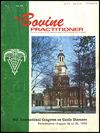 Cover image of the Fifth Volume of Bovine Practitioner: the background is ivory with a kelly green stripe along the spine and a photo of Independance Hall. The journal title is emblazoned in red at the top of the image and the logo of the AABP is centered on the kelly green stripe.