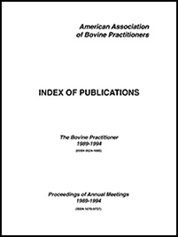 Cover image of the Index of Publications: a white background with "American Association of Bovine Practitioners" written in the upper corner, the title of "Index of Publications: The Bovine Practitioner 1989-1994".