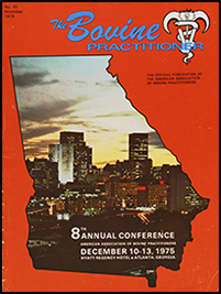 Cover image of the 10th Volume of the Bovine Practitioner: a red background with a photo in the shape of the state of Georgia of the Atlanta skyline at night, with the title of the journal and AABP logo in the upper right-hand corner and the information for the 8th annual conference in the bottom middle.