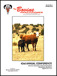 Cover image of Volume 44, No. 1 of the Bovine Practitioner: A photo of a cow and calf facing the photographer with two other cows making their way across the scrubland to the photographer.