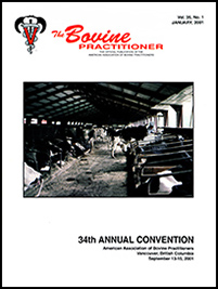 Cover image of Volume 35, No. 1 of the Bovine Practitioner: a herd of dairy cattle waiting in a milking barn