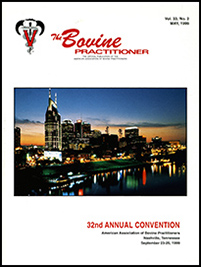 Cover image of Volume 33, No.2 of the Bovine Practitioner: a photo of the Nashville skyline at dusk.