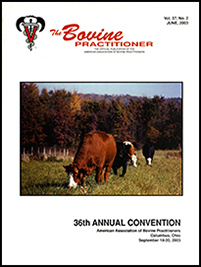 Cover image of Volume 37, No.2 of the Bovine Practitioner: a herd of shorthorn cattle grazing on a field in autumn