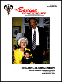Cover image of Volume 39, No.1 of the Bovine Practitioner: Dr. Jim Jarrett, Mrs. Margaret Jarrett and grandson, Adam, at Easter 2004