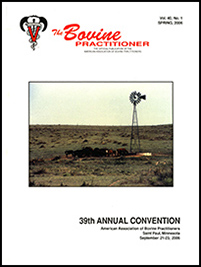 Cover image of Volume 40, No.1 of the Bovine Practitioner: a photo of a herd of cattle gathered around a windmill