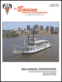 Cover image of Volume 40, No. 2 of the Bovine Practitioner: a photo of a Padelford riverboat taking a tour down the Mississippi river as it winds through Saint Paul, Minnesota