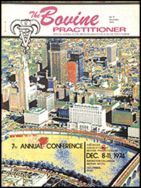Cover image of the 9th Volume of the Bovine Practitioner: an aerial view of downtown Columbus, Ohio, with the journal title and AABP logo at the top and the information for the 7th annual conference in the lower left.