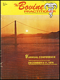 Cover image of the 11th Volume of the Bovine Practitioner: journal title and AABP logo at the top of the page, and a photo of the Golden Gate Bridge at Dawn with the 9th annual conference information in the bottom right.
