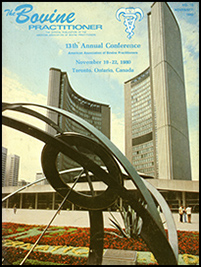Cover image of the 15th Volume of the Bovine Practitioner: A photo of the two curved towers of Toronto City Hall as seen through a sculpture and immaculately manicured flowerbeds.