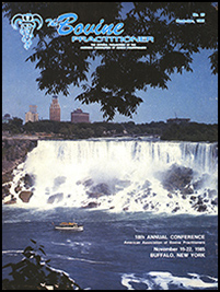 Cover image of the 20th Volume of the Bovine Practitioner: A photo of Niagra falls from the opposite side of the falls, a small tour boat in the center right gives scale to the sheer magnitude and power of the falls.