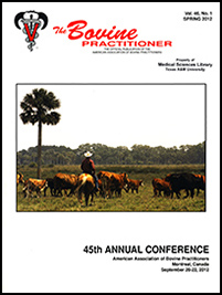 Cover image of Volume 46, No.1 of the Bovine Practitioner: a photo of a herd of cattle being herded by a man on a palomino horse across a field in Florida. Photo provided courtesy of Deseret Cattle and Citrus, St. Cloud, Florida.
