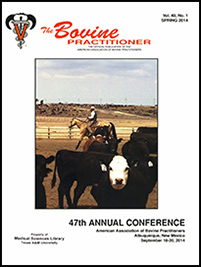 Cover image of Volume 48, No. 1 of the Bovine Practitioner: a photo of cattle being corralled by a person on a buckskin horse