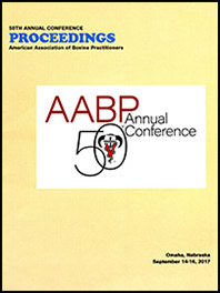 Cover image of the 50th Conference Proceedings: Text of "AABP Annual Conference" with the AABP logo superimposed over an interlocking 50. Yellow background.