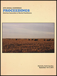 Cover image of the 49th Conference Proceedings: An image of a herd of Angus cattle grazing in a field at dusk. Yellow background.