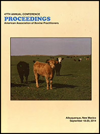 Cover image of the 47th Conference Proceedings: An image of a herd of cattle in a field at dusk. Three cows are standing in the foreground, looking adorable. Yellow background.