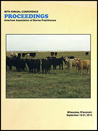 Cover image of the 46th Conference Proceedings: An image of cattle standing in a field during th day. They are looking rather indignantly at the camera. Yellow background.