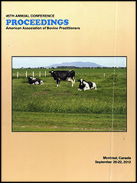 Cover image of the 45th Conference Proceedings: Three black-and-white cows lounge in a spring field. Yellow background.