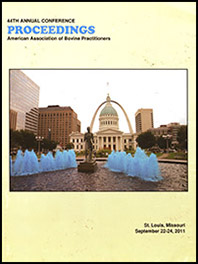 Cover image of the 44th Conference Proceedings: photo of the skyline of St. Louis, Missouri, site of the 2011 AABP Conference. Yellow background.