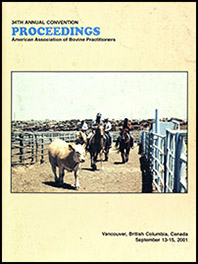 Cover image of the 34th Conference Proceedings: Four men on horseback lead a single cow through a pen. Yellow background.