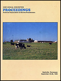 Cover image of the 33rd Conference Proceedings: Herd of Holstein cattle grazing in a field. Large barn and silos in background. Yellow background.