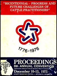 Cover image of the Proceedings of the 8th Annual Convention: Cover image is sectioned out from top to bottom blocks of red, white, and blue. Top red section has the text for the theme of this years convention; middle white section has a red and blue star logo with the date range 1776-1976; bottom blue section has the proceeding convention number, date, and location.