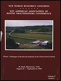 Cover image of the Third Volume of the 25th Conference Proceedings: An earl-morning photo of farmland. A small farm is nestled among rolling hills, fields stretching across a curving road that disappears between dark green trees. The barn is a cheery red color with a tin roof. Beneath the photo is the a statement of the conference's theme in white italics: Challenges of the Bovine Industry in the Twenty-First Century. Deep red background.