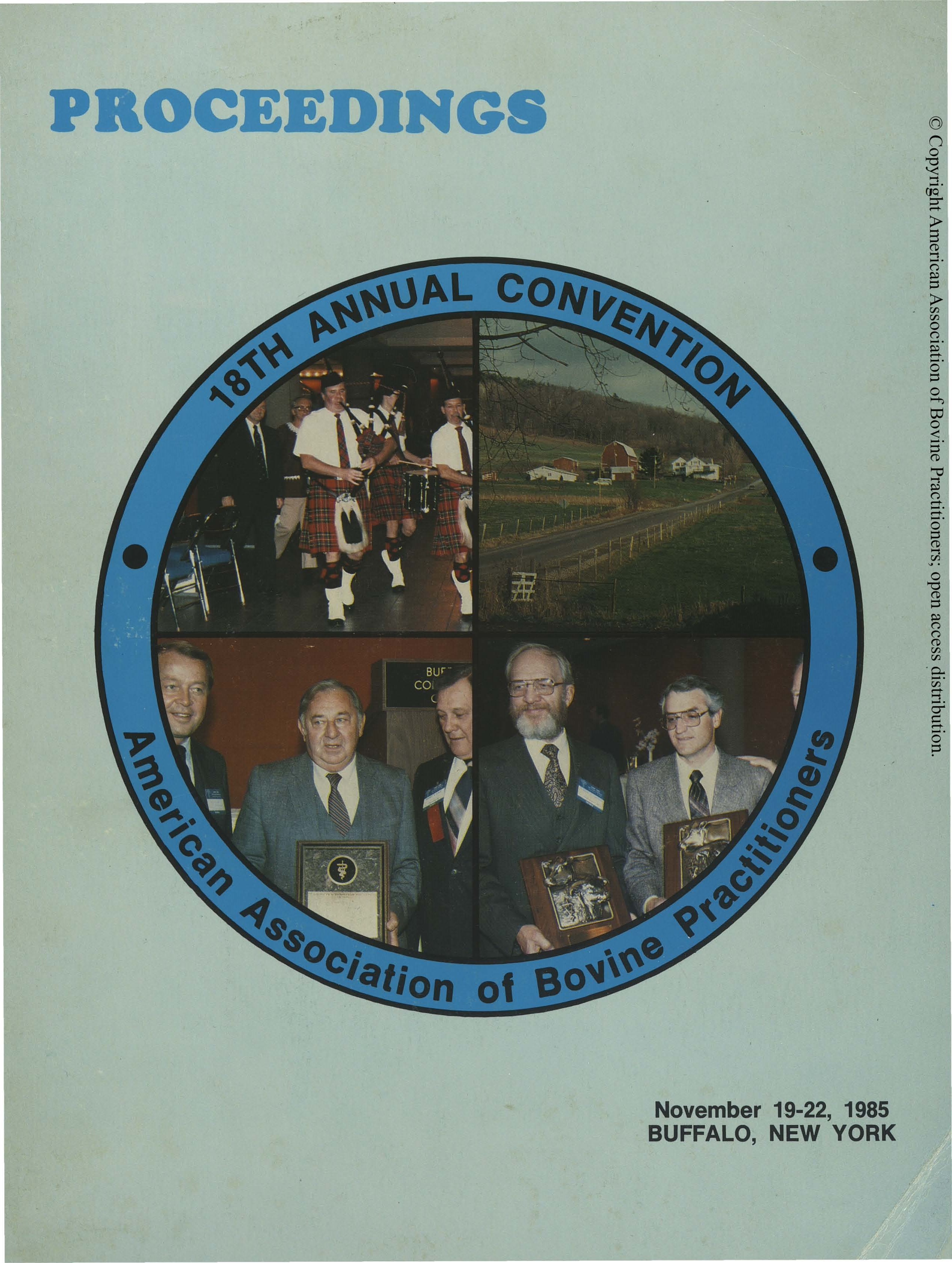 Cover image of the 19th Conference Proceedings: four photos are displayed as quadrents in a circle. From the top right proceeding clockwise, they are a photo of an idyllic farm, two photos of recipients of AABP awards, and a photo of a piper in a kilt.