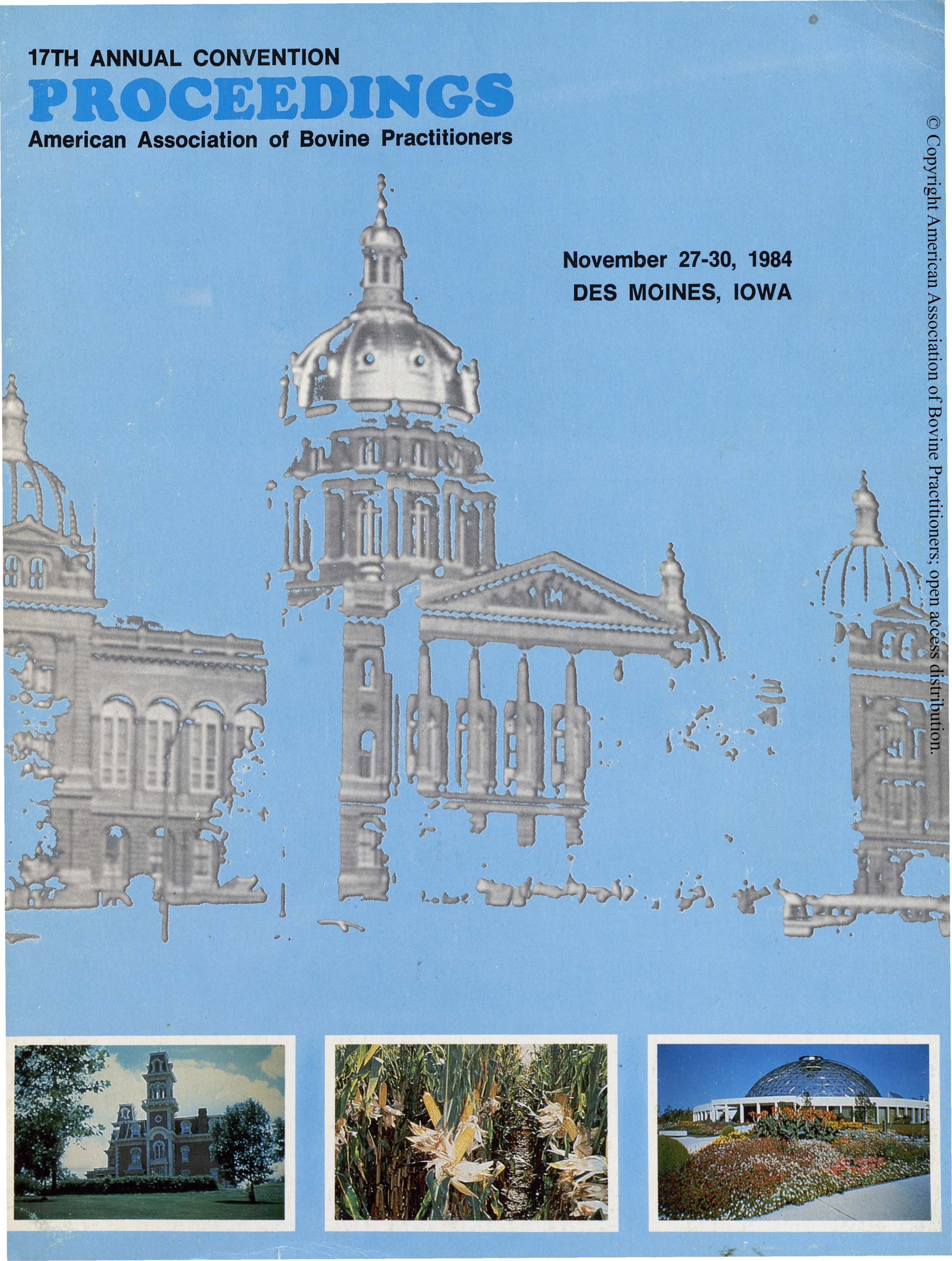 Cover image of the 17th Conference Proceedings: A photo of the Iowa State Capitol with a blue overlay that washes out most of the photo. On the bottom of the image are, from right to left, a picture of the Terrace Hill victorian home, a photo of corn, and a photo of the Des Moines Botanical Center.