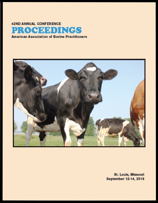 Cover image of the 52nd Conference Proceedings: A photo of a herd of cattle shot from below. A black and white cow is looking curiously at the phototgrapher. Yellow