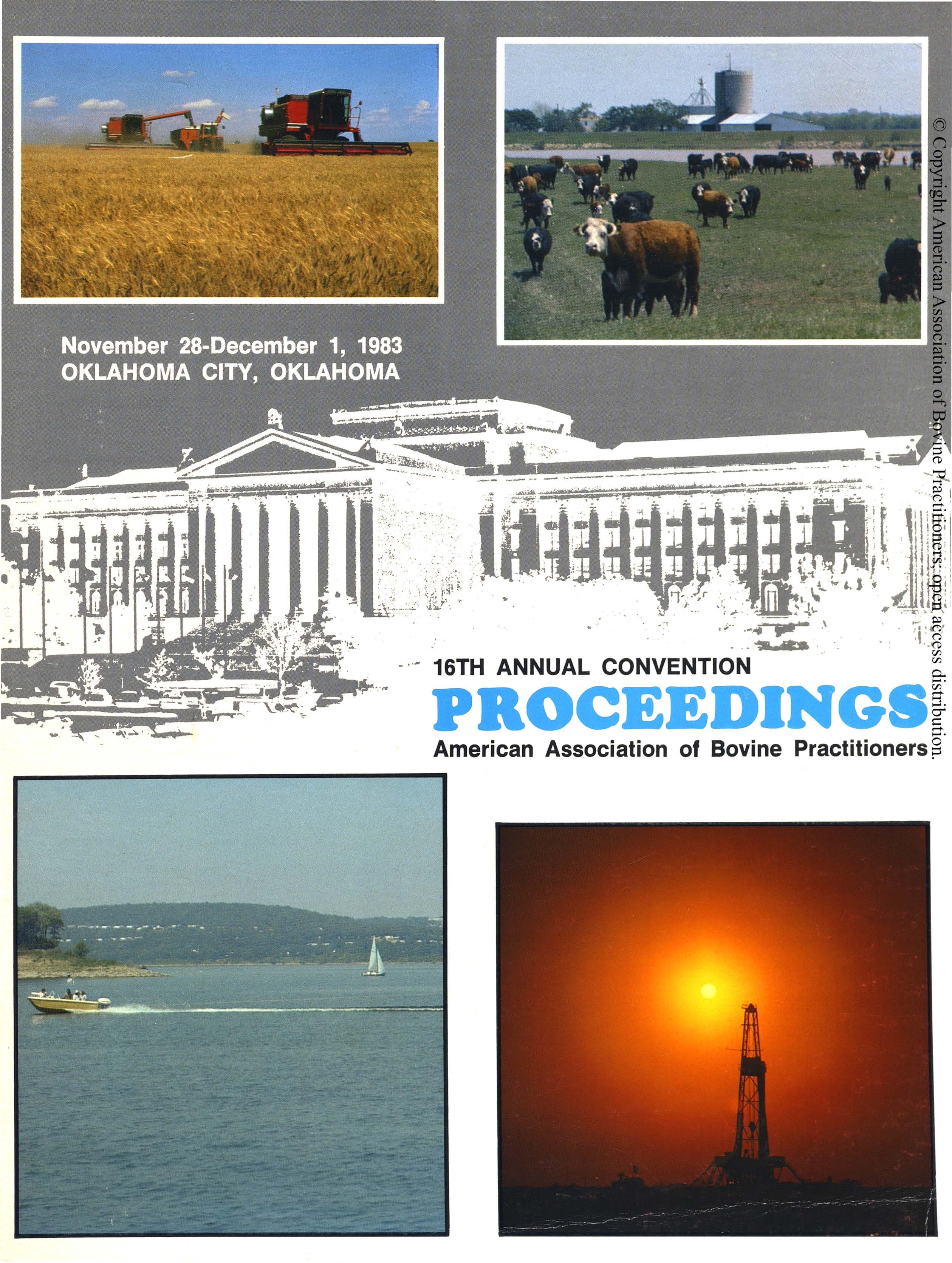 Cover image of the Proceedings of the 16th Annual Convention: Cover image is four photos which symbolize the main industries of Oklahoma (clockwise from upper right: a photo of beef cattle from the James Williams farm, Morrison, OK, a photo of an oil rig at sunset, and a boat skimming across the lake, and a photo of a combine harvester on golden fields) all placed on a white and grey negative image of the Oklahoma State Capitol. The journal name and ennumeration is listed in the middle right.