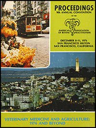 Cover image of the Proceedings of the 9th Annual Convention: Cover image is sectioned out into three parts; upper left has a photo of a trolley framed by a flower stand, the top right contains the title, AABP Logo, and the conference date, hotel, and city information, and at the bottom is an arial photo of the San Fransisco syline at dusk.
